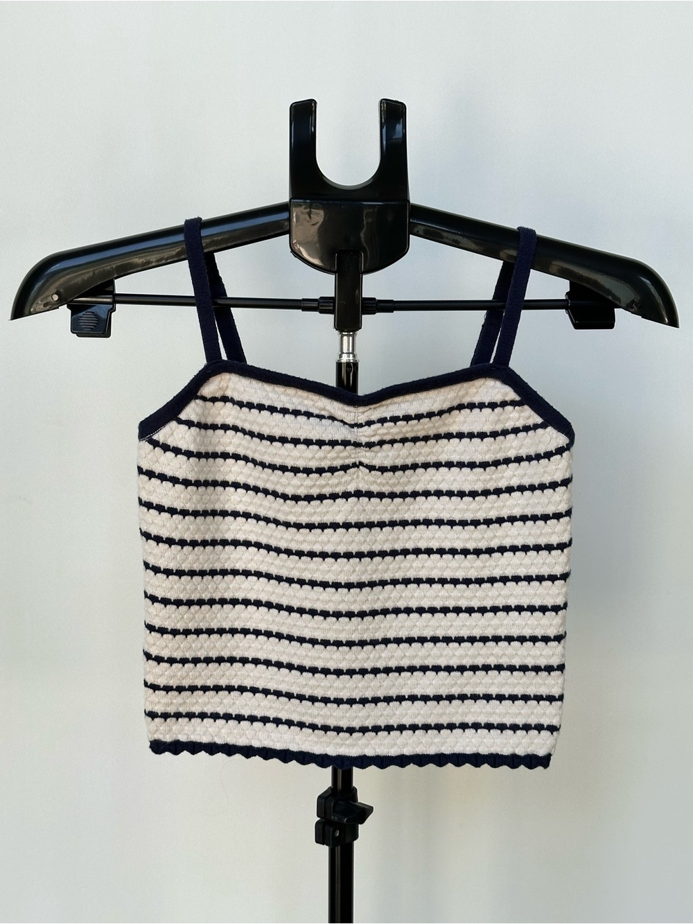 Freshman 1996 Women’s Striped Crochet Knit Cami Cropped Top in Navy and Ivory